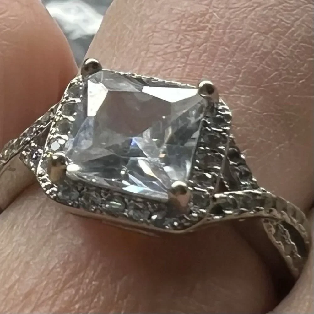 Princess Cut Solitaire Engagement Ring -Sterling Silver- Cubic Zirconia Sz 7